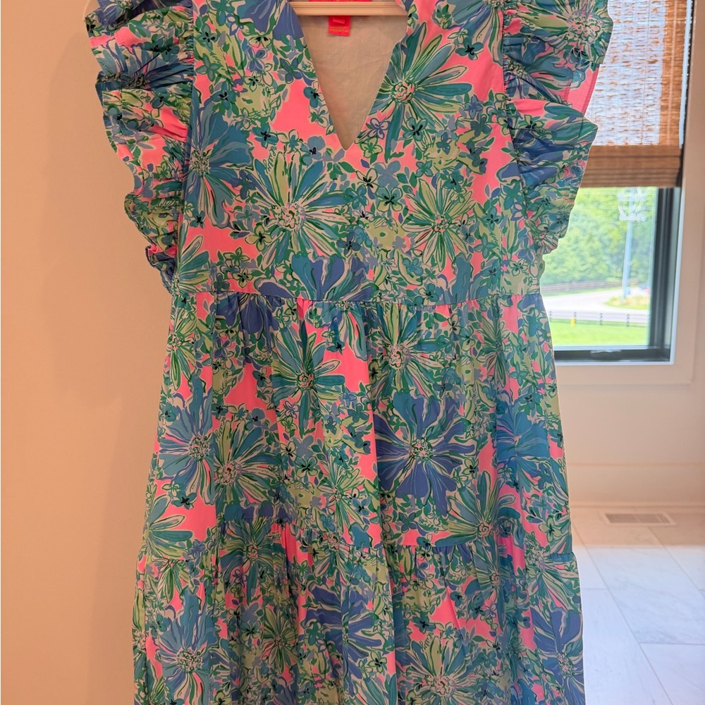Lilly Pulitzer Pink, Blue & Green Floral Ruffle-Sleeve Dress